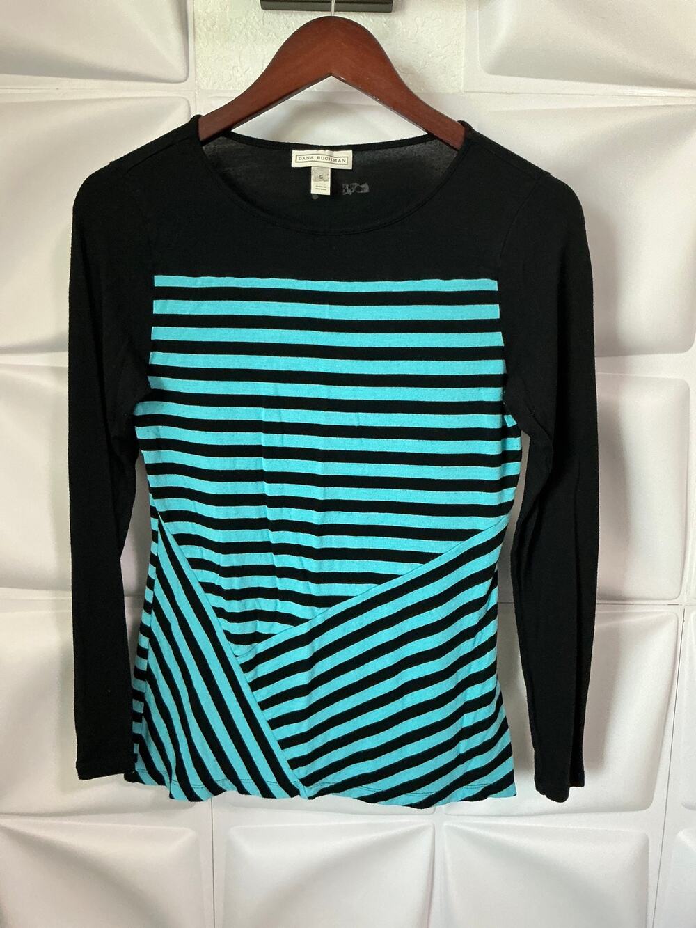 Dana Buchman Black Blue Asymmetrical Stripe Long Sleeve Top Women's Size Small